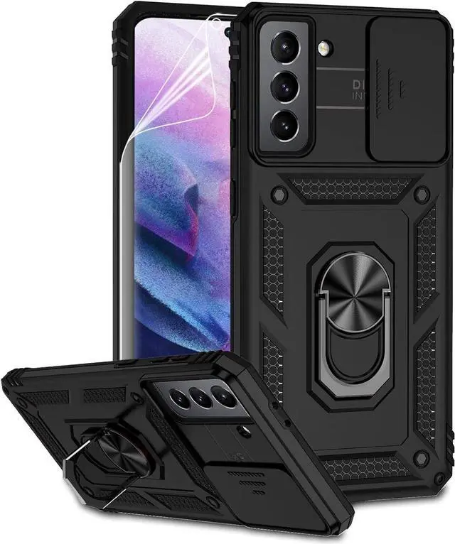 Main image of for Samsung Galaxy S21 Case with Camera Lens Cover HD Screen Protector, Dual Layer Military-Grade Drop Tested Magnetic Ring Holder Kickstand Protective Phone Case for Samsung Galaxy S21 5G (Black)