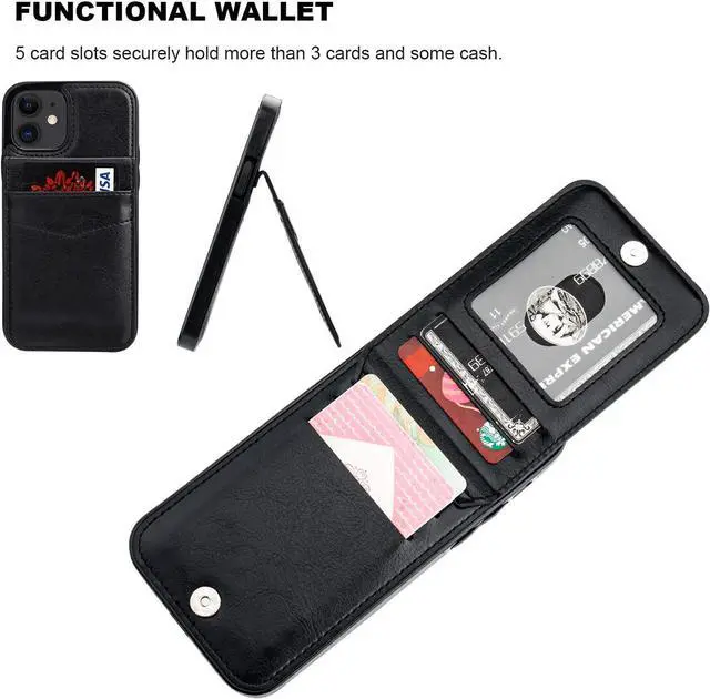 Alt view image 4 of 7 - KIHUWEY Compatible with iPhone 12 Compatible with iPhone 12 Pro Case Wallet with Credit Card Holder, Premium Leather Magnetic Clasp Kickstand Heavy Duty Protective Cover 6.1 inch(Black)