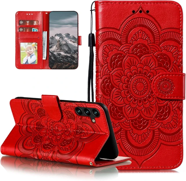 Main image of Case for Galaxy A17 5G/A26 5G Premium Leather Magnetic Closure Flip Wallet Phone Case with Card Holder Cash Slots Kickstand Embossed Mandala Flower Shockproof Lanyard Cover - Red
