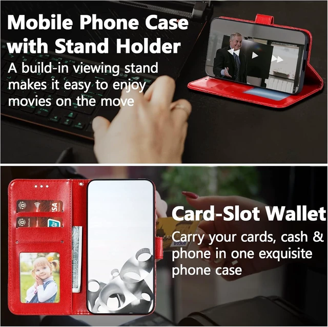 Alt view image 2 of 7 - Case for Galaxy A17 5G/A26 5G Premium Leather Magnetic Closure Flip Wallet Phone Case with Card Holder Cash Slots Kickstand Embossed Mandala Flower Shockproof Lanyard Cover - Red