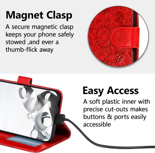 Alt view image 3 of 7 - Case for Galaxy A17 5G/A26 5G Premium Leather Magnetic Closure Flip Wallet Phone Case with Card Holder Cash Slots Kickstand Embossed Mandala Flower Shockproof Lanyard Cover - Red