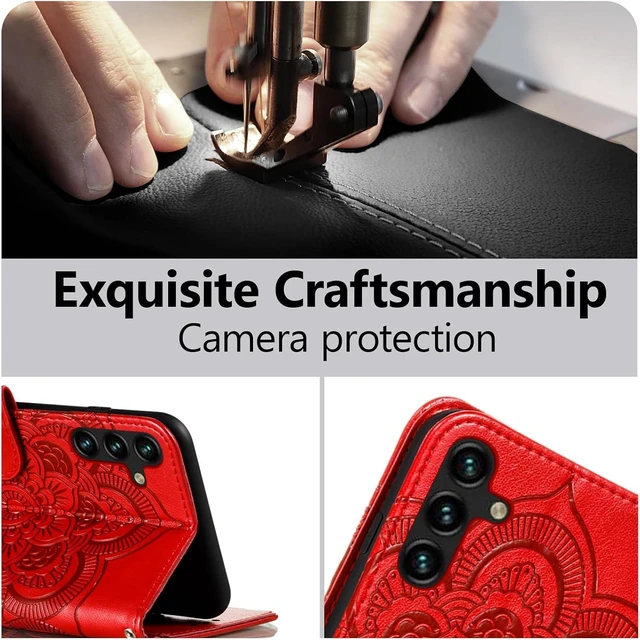 Alt view image 5 of 7 - Case for Galaxy A17 5G/A26 5G Premium Leather Magnetic Closure Flip Wallet Phone Case with Card Holder Cash Slots Kickstand Embossed Mandala Flower Shockproof Lanyard Cover - Red