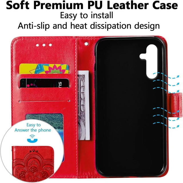 Alt view image 4 of 7 - Case for Galaxy A17 5G/A26 5G Premium Leather Magnetic Closure Flip Wallet Phone Case with Card Holder Cash Slots Kickstand Embossed Mandala Flower Shockproof Lanyard Cover - Red