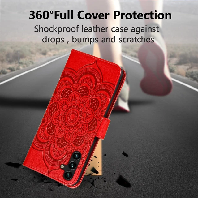 Alt view image 6 of 7 - Case for Galaxy A17 5G/A26 5G Premium Leather Magnetic Closure Flip Wallet Phone Case with Card Holder Cash Slots Kickstand Embossed Mandala Flower Shockproof Lanyard Cover - Red