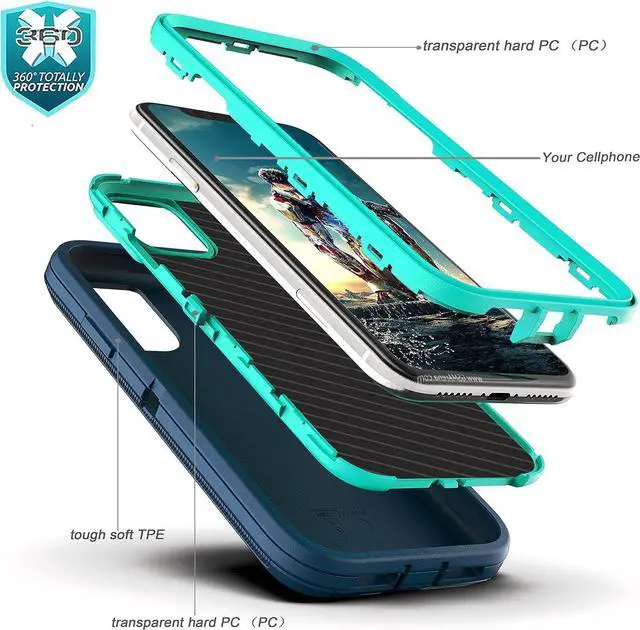 Alt view image 4 of 6 - YmhxcY for iphone 11 Case Shockproof Dropproof Dust-Proof Drop Proof 3-Layer Durable Phone Case Heavy Duty Protection Phone Case Cover for Apple iPhone 11 6.1 Blue and Turquoise