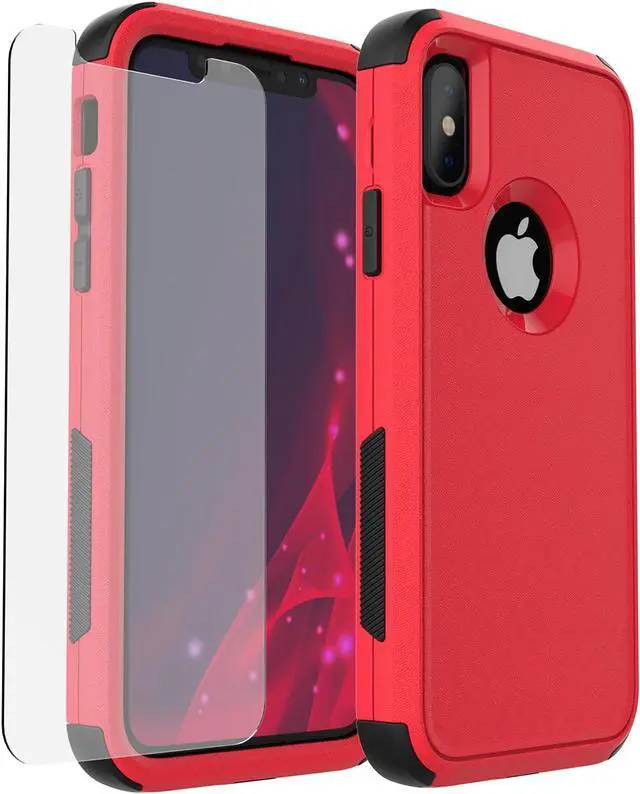 Main image of for iPhone XR Case [Dropproof] [Shockproof] 3-Layers Heavy Duty Drop Protection Case Cover for iPhone XR 6.1 Inch with Tempered Glass Screen Protector, Rugged XR Phone Case- Red Black