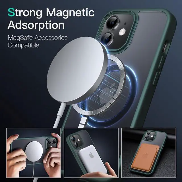 Alt view image 3 of 6 - Magnetic Case for iPhone 12/12 Pro 6.1-Inch Compatible with MagSafe, Translucent Matte Back Slim Shockproof Phone Cover (Dark Green)