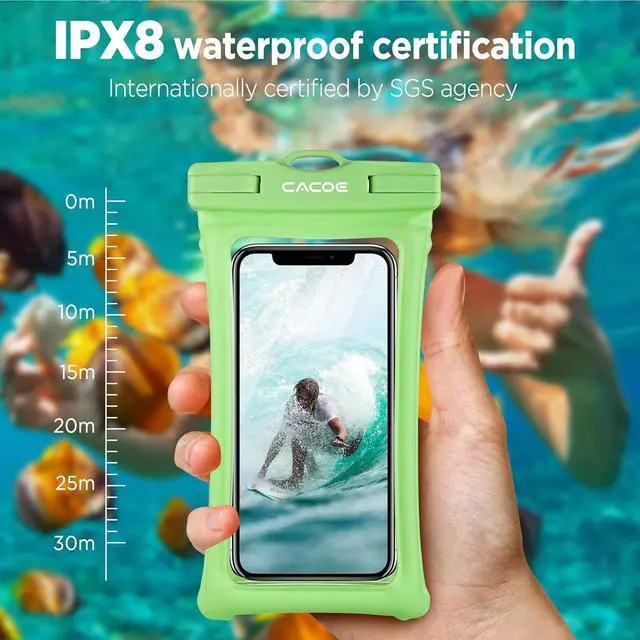Alt view image 3 of 7 - CACOE [Floatable] Floating Universal Waterproof Phone case 2 Pack-Up to 7.0",Phone Pouch with Adjustable Neck Lanyard,IPX8 Cell Phone Dry Bags for Beach Pool SwimmingBlack+Dark Green