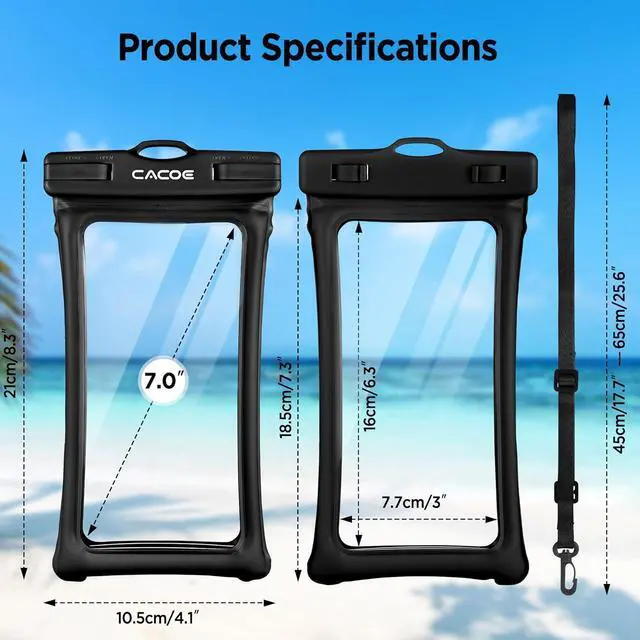 Alt view image 7 of 7 - CACOE [Floatable] Floating Universal Waterproof Phone case 2 Pack-Up to 7.0",Phone Pouch with Adjustable Neck Lanyard,IPX8 Cell Phone Dry Bags for Beach Pool SwimmingBlack+Dark Green