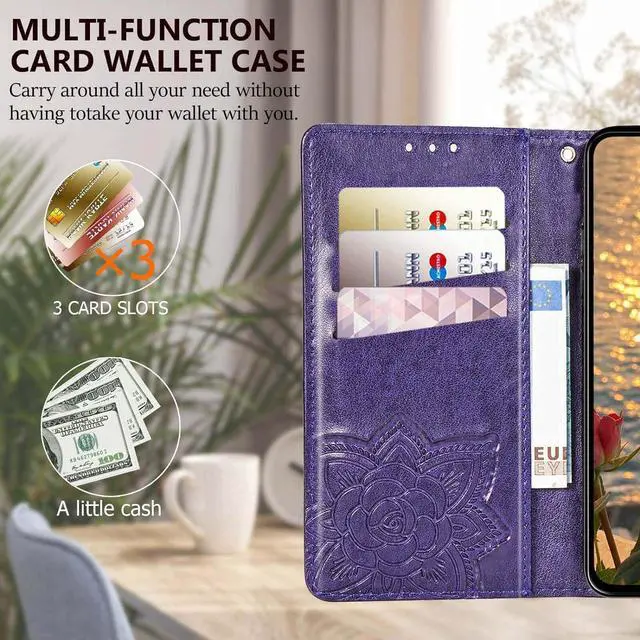 Alt view image 4 of 7 - for Galaxy A35 5G Phone Case Wallet,Women Flip Folio Cover with Card Holders Butterfly Embossed PU Leather Kickstand Wrist Strap Purse Case for Samsung A35 5G 6.6 Inch (Purple)