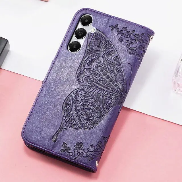 Alt view image 6 of 7 - for Galaxy A35 5G Phone Case Wallet,Women Flip Folio Cover with Card Holders Butterfly Embossed PU Leather Kickstand Wrist Strap Purse Case for Samsung A35 5G 6.6 Inch (Purple)