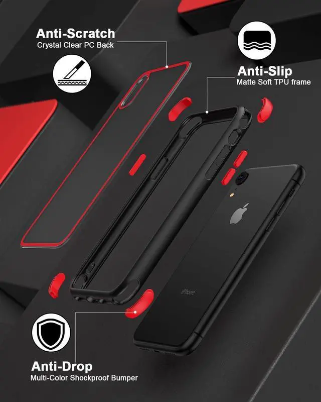 Alt view image 6 of 7 - for iPhone XR Crystal Clear Case, Multicolor Protective Shockproof Bumpers Cover, Not Yellowing Anti Scratch Transparent Hard PC Back & Soft Silicone TPU Frame Cover for Men Women - Black/Red