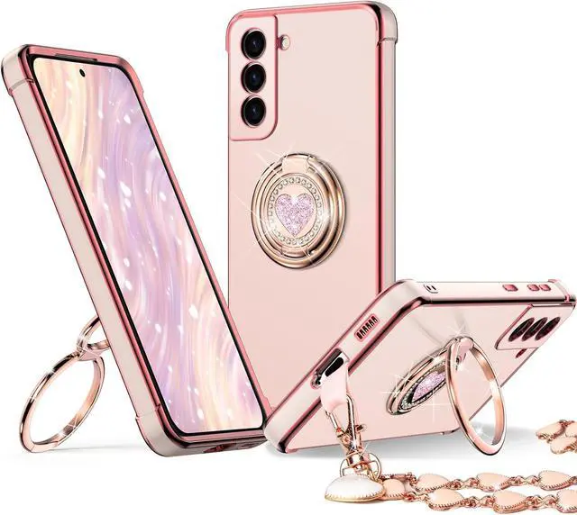 Main image of XYZ for Galaxy S22 Case with Stand, for Samsung Galaxy S22 Case with Double Ring, Women Girls Bling Luxury Protective Phone Case Heart for Samsung S22, Pink