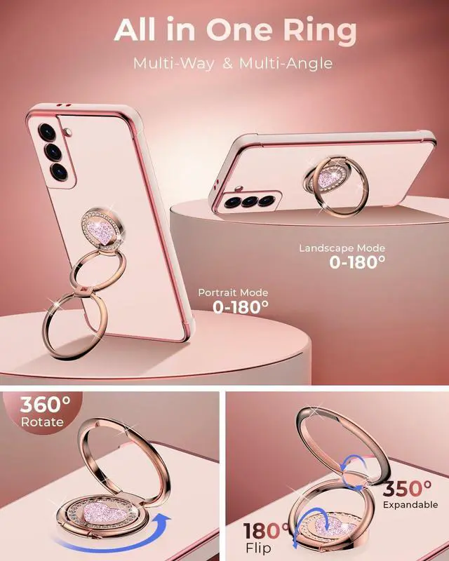 Alt view image 3 of 6 - XYZ for Galaxy S22 Case with Stand, for Samsung Galaxy S22 Case with Double Ring, Women Girls Bling Luxury Protective Phone Case Heart for Samsung S22, Pink