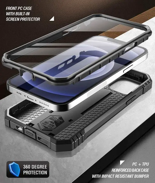 Alt view image 3 of 6 - Poetic Revolution Case Compatible with iPhone 12 / iPhone 12 Pro 6.1 inch (2020 Release), Full-Body Rugged Dual-Layer Shockproof Protective Cover with Kickstand and Built-in-Screen Protector, Black