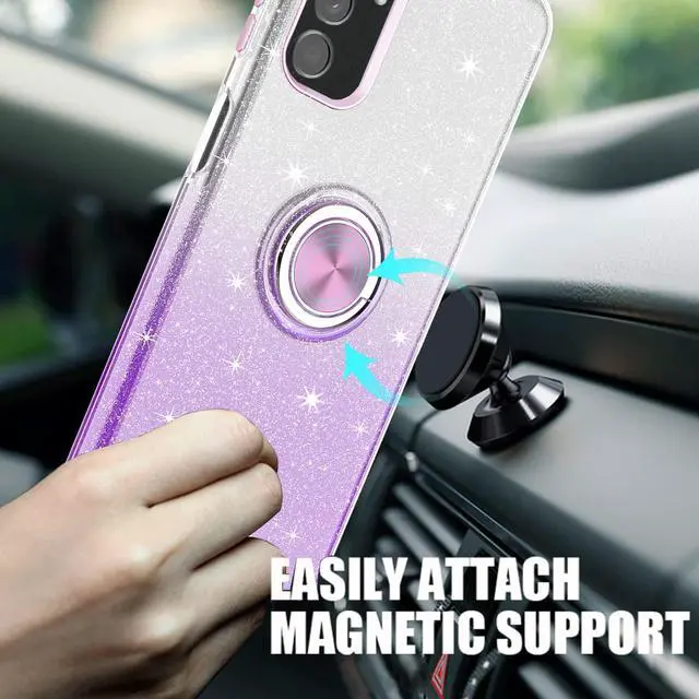 Alt view image 3 of 7 - TJS Compatible with Samsung Galaxy A15 5G Case, with Tempered Glass Screen Protector, Metal Ring Magnetic Support Kickstand Tone Shinny Glitter Phone Case (Purple)