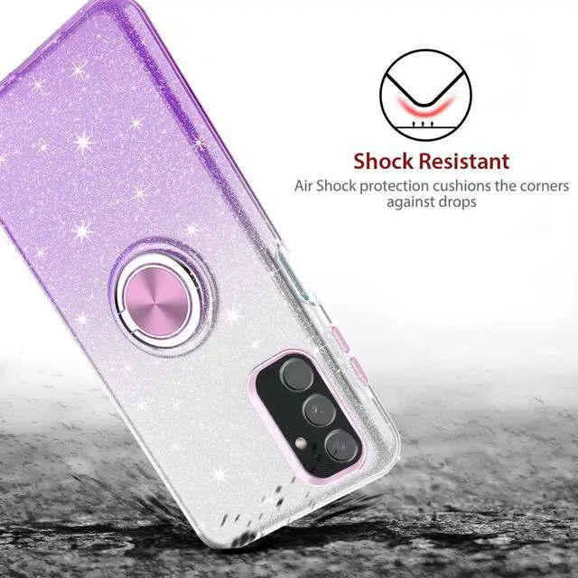 Alt view image 4 of 7 - TJS Compatible with Samsung Galaxy A15 5G Case, with Tempered Glass Screen Protector, Metal Ring Magnetic Support Kickstand Tone Shinny Glitter Phone Case (Purple)