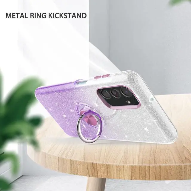 Alt view image 5 of 7 - TJS Compatible with Samsung Galaxy A15 5G Case, with Tempered Glass Screen Protector, Metal Ring Magnetic Support Kickstand Tone Shinny Glitter Phone Case (Purple)