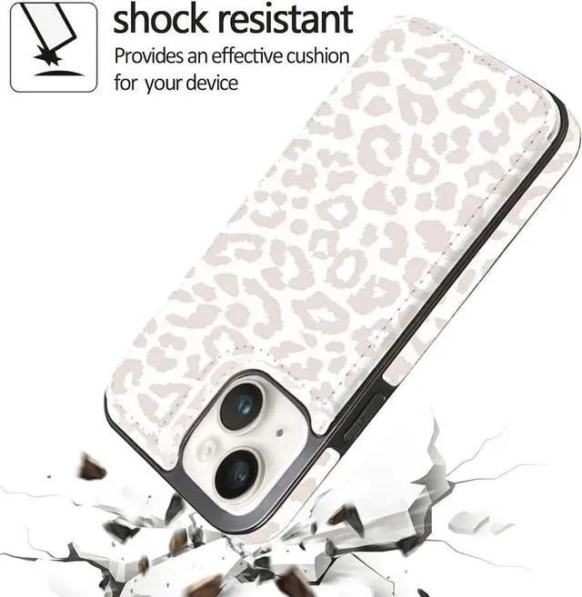 Alt view image 7 of 7 - uCOLOR Flip Leather Wallet Case Card Holder Compatible with iPhone 13 6.1 iPhone 14 6.1 Women and Girls with Card Holder Kickstand (Beige Leopard)