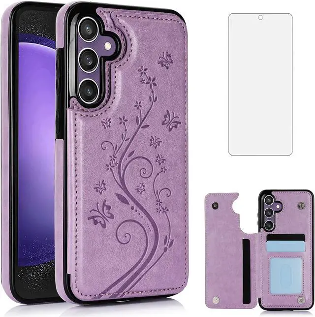 Main image of Asuwish Phone Case for Samsung Galaxy S23 FE 5G with Tempered Glass Screen Protector and Card Holder Wallet Cover Stand Flip Leather Cell Accessories S 23 FE S23FE5G S23FE 23S G5 Women Purple