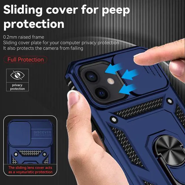 Alt view image 3 of 7 - for iPhone 12 Case,with Camera Lens Cover HD Screen Protector,[Military Grade] Ring Car Mount Kickstand Hybrid Hard PC Soft TPU Shockproof Protective Case for iPhone 12, Blue