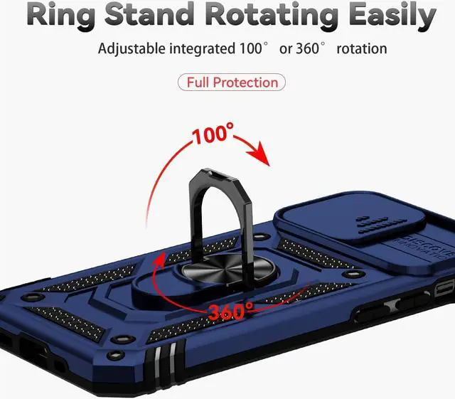 Alt view image 4 of 7 - for iPhone 12 Case,with Camera Lens Cover HD Screen Protector,[Military Grade] Ring Car Mount Kickstand Hybrid Hard PC Soft TPU Shockproof Protective Case for iPhone 12, Blue