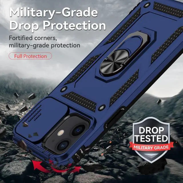 Alt view image 6 of 7 - for iPhone 12 Case,with Camera Lens Cover HD Screen Protector,[Military Grade] Ring Car Mount Kickstand Hybrid Hard PC Soft TPU Shockproof Protective Case for iPhone 12, Blue