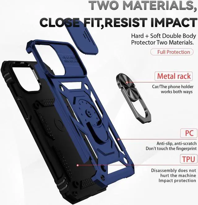Alt view image 7 of 7 - for iPhone 12 Case,with Camera Lens Cover HD Screen Protector,[Military Grade] Ring Car Mount Kickstand Hybrid Hard PC Soft TPU Shockproof Protective Case for iPhone 12, Blue
