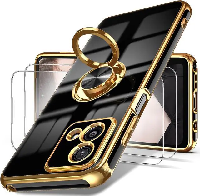 Main image of Dretal for Moto G Stylus 5G 2023 Case, 2X Screen Protector, 360° Rotatable Ring Holder Magnetic Kickstand,Plated Gold Edge Slim Soft TPU Protective Cover for Motorola G Stylus 5G 2023 (Black)