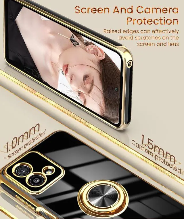 Alt view image 3 of 7 - Dretal for Moto G Stylus 5G 2023 Case, 2X Screen Protector, 360° Rotatable Ring Holder Magnetic Kickstand,Plated Gold Edge Slim Soft TPU Protective Cover for Motorola G Stylus 5G 2023 (Black)