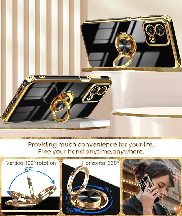 Alt view image 4 of 7 - Dretal for Moto G Stylus 5G 2023 Case, 2X Screen Protector, 360° Rotatable Ring Holder Magnetic Kickstand,Plated Gold Edge Slim Soft TPU Protective Cover for Motorola G Stylus 5G 2023 (Black)