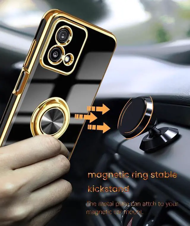 Alt view image 6 of 7 - Dretal for Moto G Stylus 5G 2023 Case, 2X Screen Protector, 360° Rotatable Ring Holder Magnetic Kickstand,Plated Gold Edge Slim Soft TPU Protective Cover for Motorola G Stylus 5G 2023 (Black)