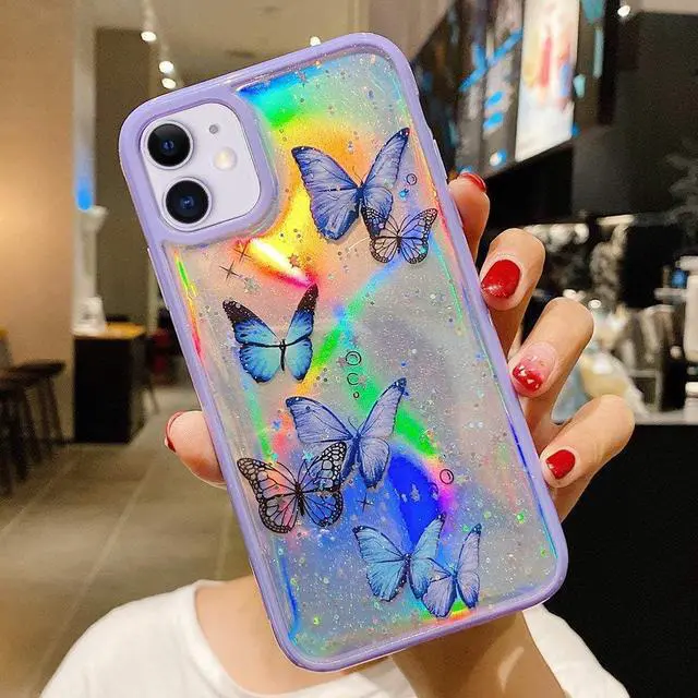 Alt view image 3 of 7 - LCHULLE Girly Case for iPhone 11 Case Cute Iridescent Butterfly Design Laser Bling Glitter Stars for Girls Women Soft TPU Bumper Drop Protection Case Cover for iPhone 11, Purple