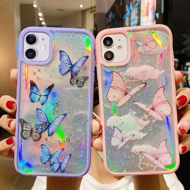 Alt view image 7 of 7 - LCHULLE Girly Case for iPhone 11 Case Cute Iridescent Butterfly Design Laser Bling Glitter Stars for Girls Women Soft TPU Bumper Drop Protection Case Cover for iPhone 11, Purple