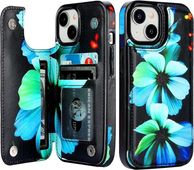 Main image of HAOPINSH for iPhone 15 Wallet Case with Card Holder, Blue Florals Pattern Back Flip Folio PU Leather Kickstand Card Slots Case for Women Girls, Double Magnetic Clasp Shockproof Cover 6.1"