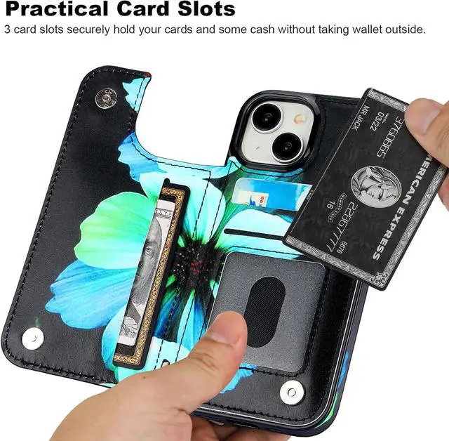 Alt view image 3 of 6 - HAOPINSH for iPhone 15 Wallet Case with Card Holder, Blue Florals Pattern Back Flip Folio PU Leather Kickstand Card Slots Case for Women Girls, Double Magnetic Clasp Shockproof Cover 6.1"