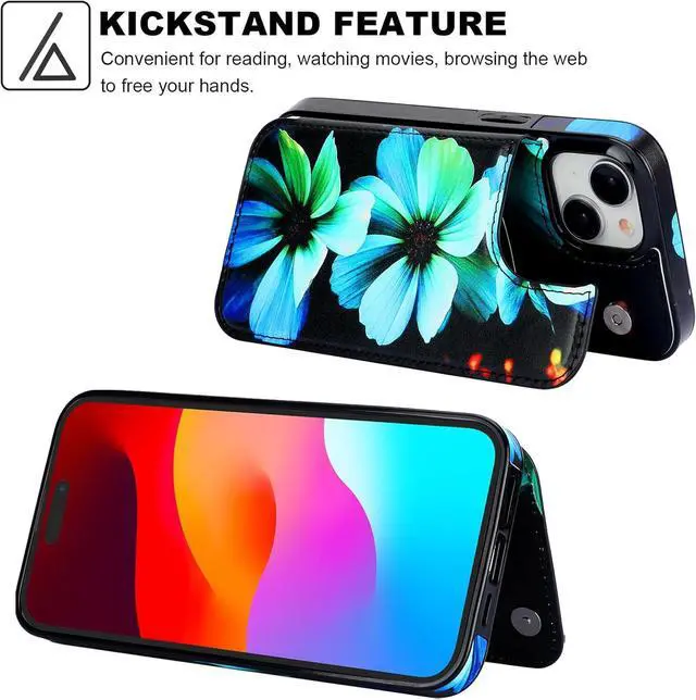 Alt view image 5 of 6 - HAOPINSH for iPhone 15 Wallet Case with Card Holder, Blue Florals Pattern Back Flip Folio PU Leather Kickstand Card Slots Case for Women Girls, Double Magnetic Clasp Shockproof Cover 6.1"