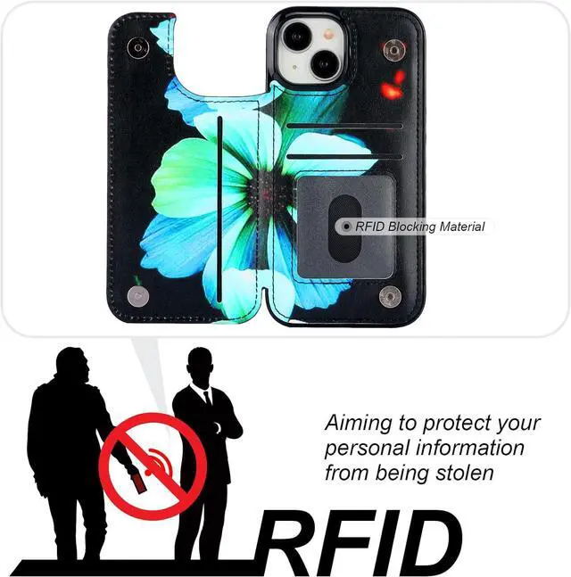 Alt view image 4 of 6 - HAOPINSH for iPhone 15 Wallet Case with Card Holder, Blue Florals Pattern Back Flip Folio PU Leather Kickstand Card Slots Case for Women Girls, Double Magnetic Clasp Shockproof Cover 6.1"