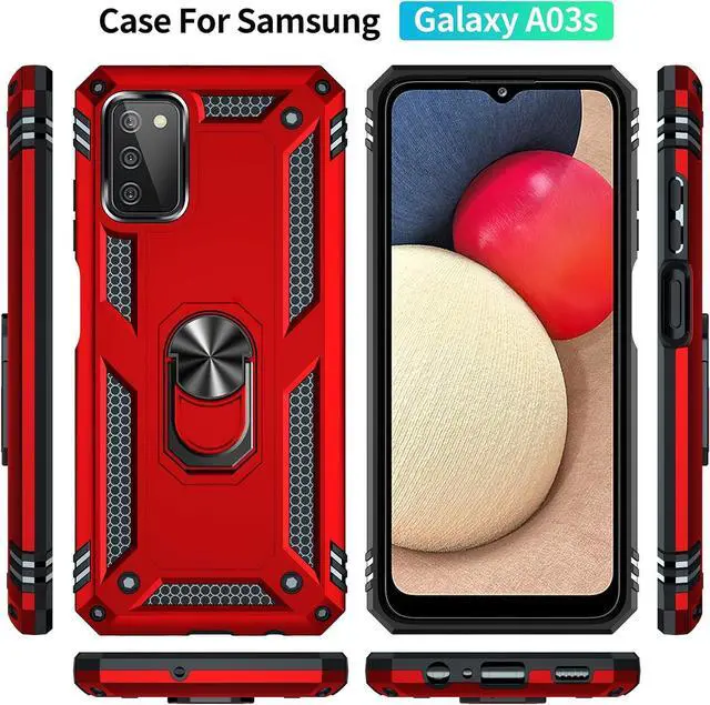 Alt view image 6 of 7 - for Samsung Galaxy A03S Case with HD Screen Protector (Military Grade 16ft. Drop Tested) Magnetic Ring Holder Kickstand Protective Phone Case for Samsung Galaxy A03S, Red