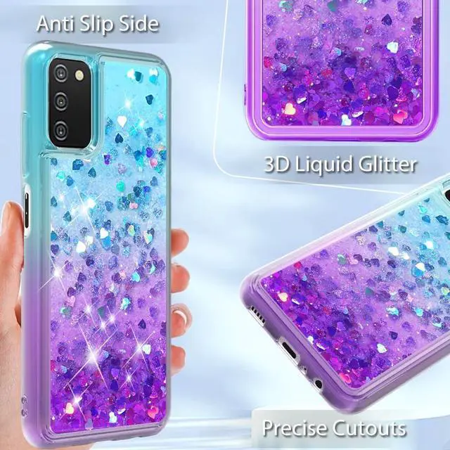 Alt view image 3 of 7 - for Samsung A03S Case: Cute Clear Glitter Flowing Liquid Quicksand Soft TPU Phone Case for Samsung Galaxy A03s with Tempered Glass Screen Protector - Teal/Purple