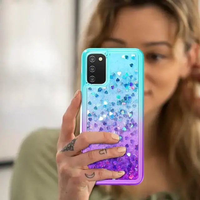 Alt view image 7 of 7 - for Samsung A03S Case: Cute Clear Glitter Flowing Liquid Quicksand Soft TPU Phone Case for Samsung Galaxy A03s with Tempered Glass Screen Protector - Teal/Purple