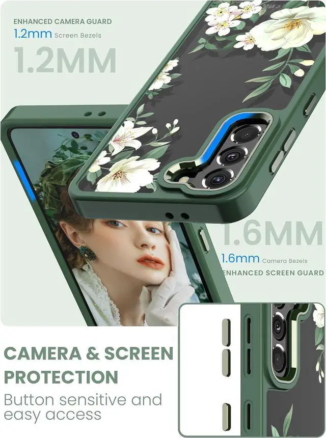 Alt view image 3 of 7 - Dretal for Samsung Galaxy S21 5G Case Floral, Military Grade Drop Tested Hard Back & Soft Edge Slim Flower Women Girls Phone Protective Cover + Tempered Glass Screen Protector for Galaxy S21Green