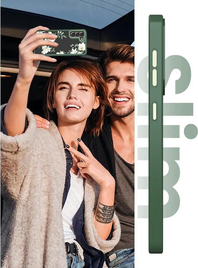 Alt view image 6 of 7 - Dretal for Samsung Galaxy S21 5G Case Floral, Military Grade Drop Tested Hard Back & Soft Edge Slim Flower Women Girls Phone Protective Cover + Tempered Glass Screen Protector for Galaxy S21Green