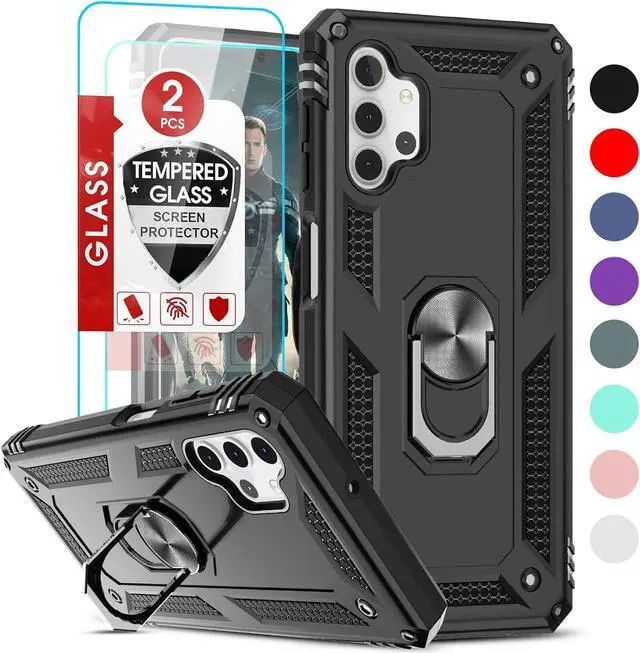 Main image of LeYi for Samsung Galaxy A32 5G Phone Case, Samsung A32 Case with [2 Pack] Tempered Glass Screen Protector, [Military-Grade] Ring Kickstand Protective Case for Galaxy A32 5G (Not Fit 4G), Black