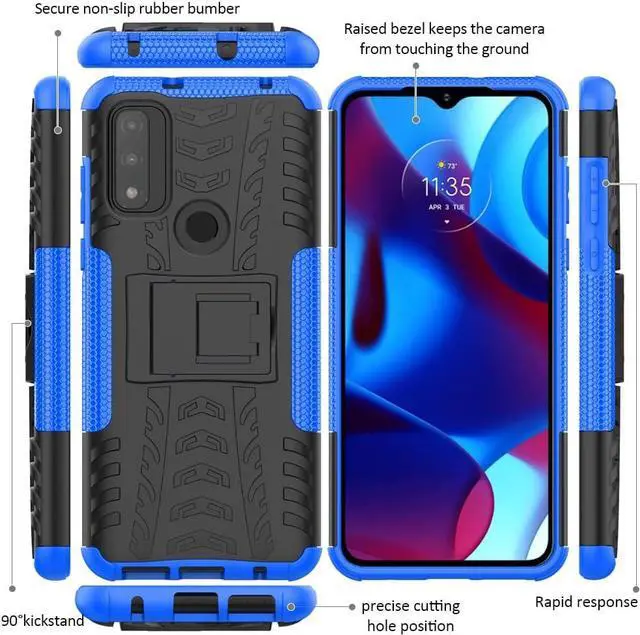 Alt view image 4 of 6 - Moto G Pure Case with HD Screen Protector - Yiakeng Shockproof Silicone & Hard Cover, Kickstand - Blue