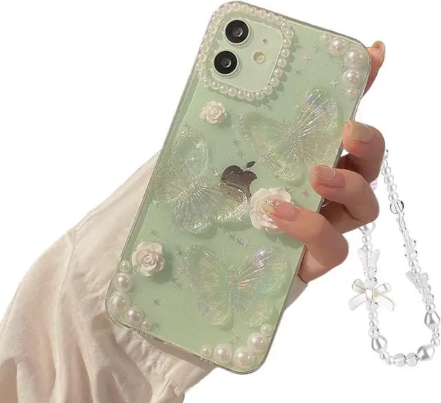 Main image of Fycyko Compatible for iPhone 12/12 Pro 3D Butterfly Floral Clear with Design Aesthetic Women Teen Girls Glitter Pretty Crystal Sparkle Sparkly Cute Girly Phone Cases Protective Cover+Chain-Clear