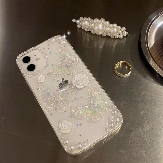 Alt view image 4 of 7 - Fycyko Compatible for iPhone 12/12 Pro 3D Butterfly Floral Clear with Design Aesthetic Women Teen Girls Glitter Pretty Crystal Sparkle Sparkly Cute Girly Phone Cases Protective Cover+Chain-Clear