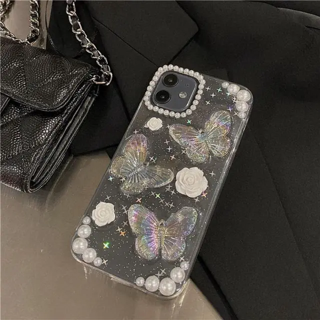 Alt view image 5 of 7 - Fycyko Compatible for iPhone 12/12 Pro 3D Butterfly Floral Clear with Design Aesthetic Women Teen Girls Glitter Pretty Crystal Sparkle Sparkly Cute Girly Phone Cases Protective Cover+Chain-Clear