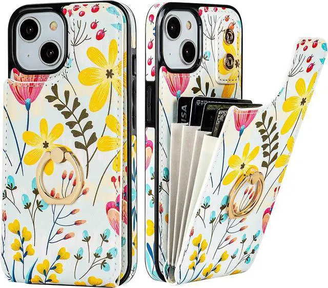 Main image of HAOPINSH for iPhone 13/ iPhone 14 Wallet Case with Card Holder, 360°Rotation Ring Kickstand, Floral Flower Pattern, RFID Blocking Leather for Girls Women, Double Buttons Flip Protective Cover 6.1"