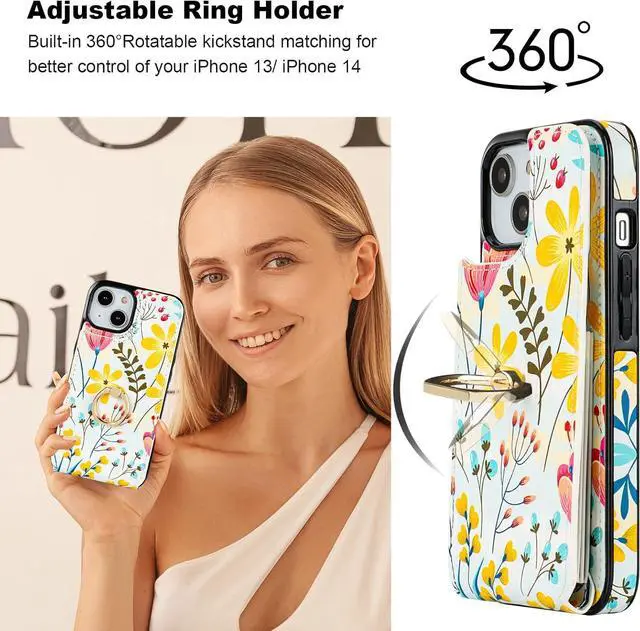 Alt view image 3 of 7 - HAOPINSH for iPhone 13/ iPhone 14 Wallet Case with Card Holder, 360°Rotation Ring Kickstand, Floral Flower Pattern, RFID Blocking Leather for Girls Women, Double Buttons Flip Protective Cover 6.1"